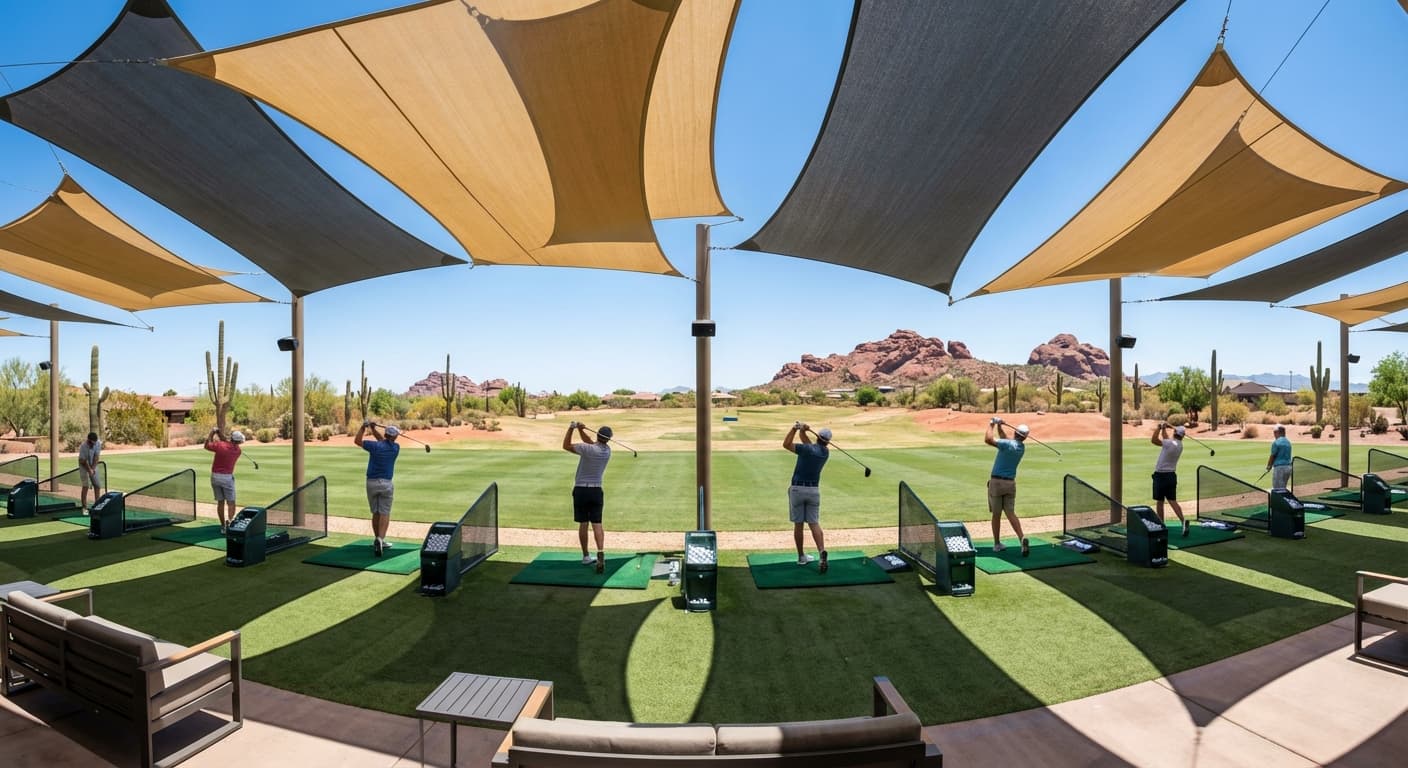 Golfers at shaded driving range bays
