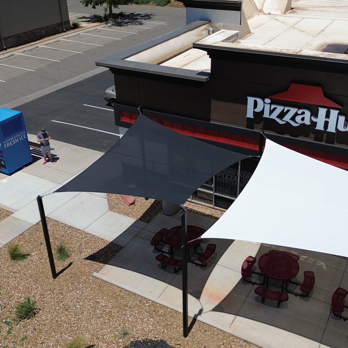 Commercial patio shade sail drone shot
